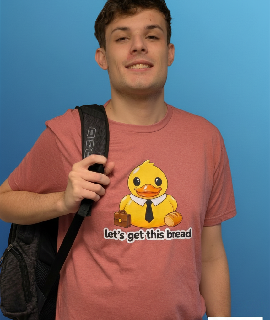 Michael in the Let's Get This Bread tee with his backpack