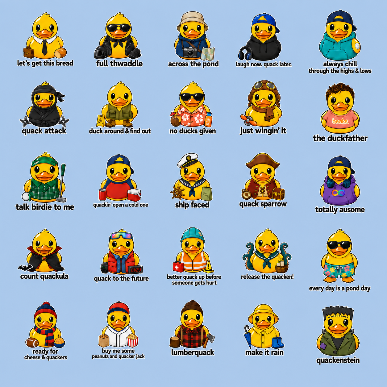 The first twenty Beaks duck character concepts, including Let's Get This Bread, Full Thwaddle, Count Quackula, the Duckfather and more