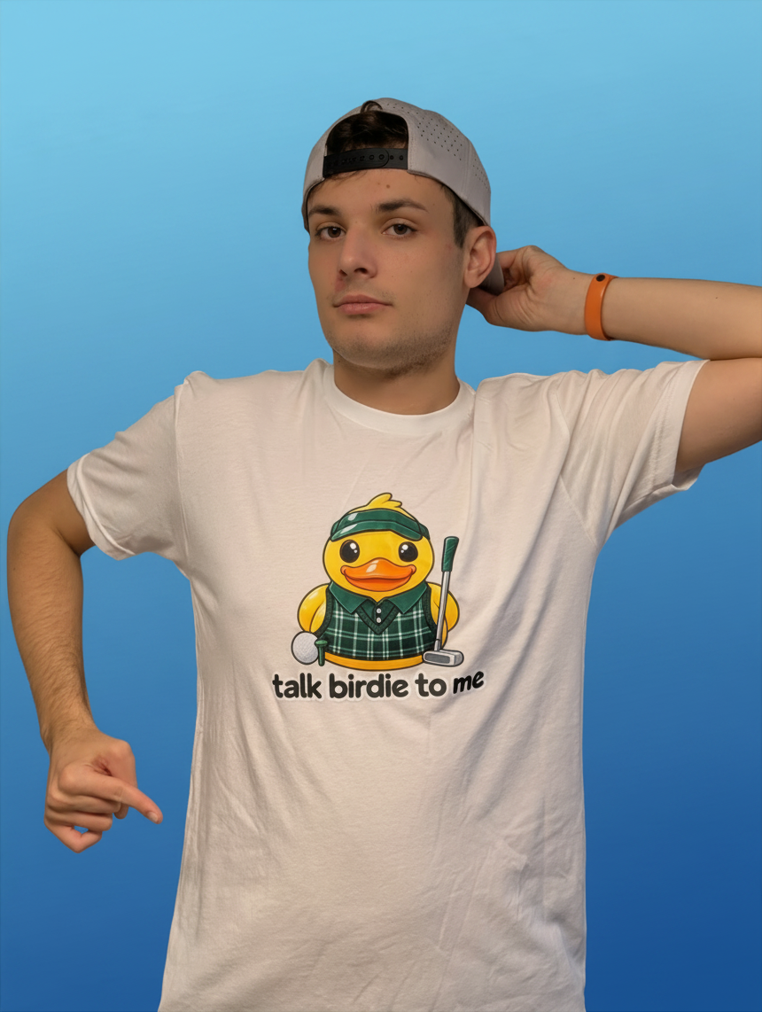 Michael in the Talk Birdie To Me tee with a backwards cap